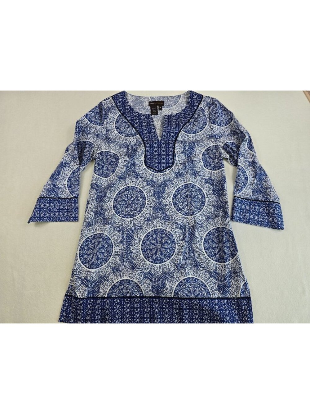 Dana Buchman Medium Blue & White Mandala Print Tunic Dress 3/4 Sleeves